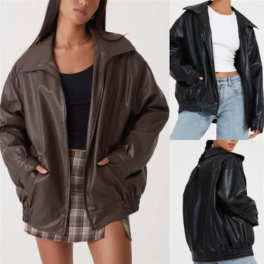 Spring And Autumn European And American Leather Jacket Locomotive Style Loose Top Coat Women
