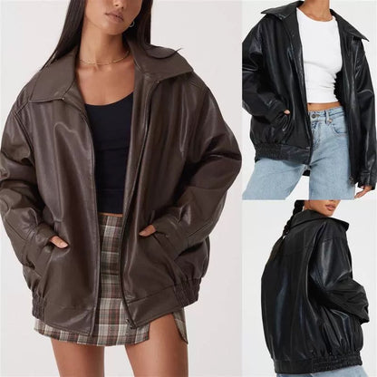 Spring And Autumn European And American Leather Jacket Locomotive Style Loose Top Coat Women