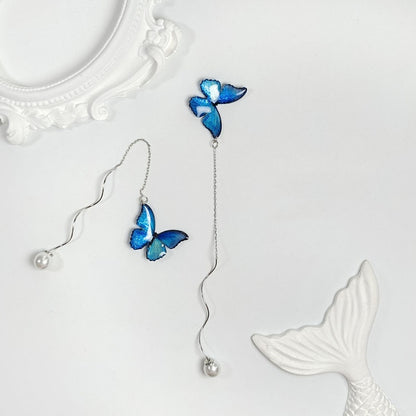 Blue Butterfly Ear Thread S925 Sterling Silver Long Pearl