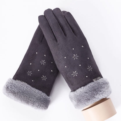 New Winter Female Lace Warm Cashmere Three Ribs Cute Bear Mittens Double thick Plush Wrist Women Touch Screen Driving Gloves 81C