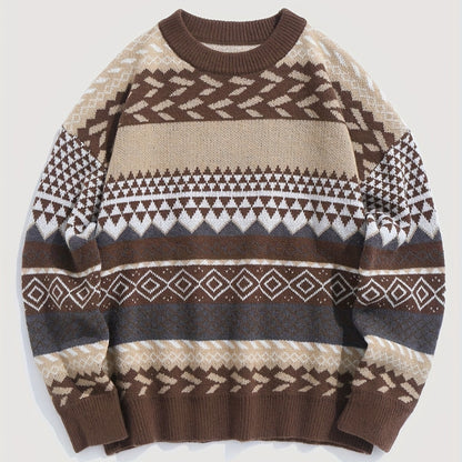 Pullover Round Neck Long Sleeves Contrast Color Diamond Patterns Sweater