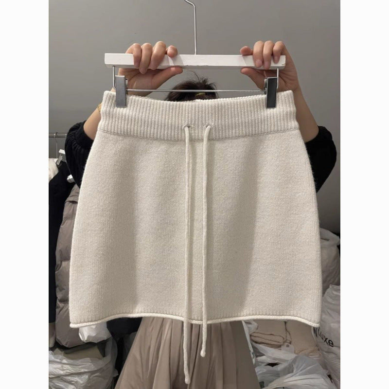 Professional Western Style Elastic Waistband Lace-Up Knitted Skirt - Urban Design (3 Colors, S-XL, Temperament Commute)