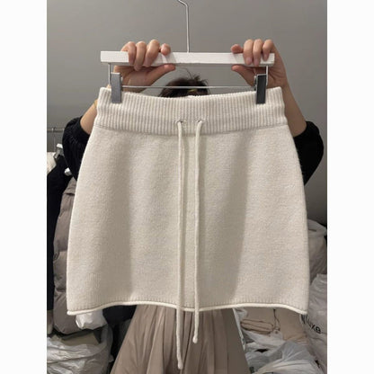 Professional Western Style Elastic Waistband Lace-Up Knitted Skirt - Urban Design (3 Colors, S-XL, Temperament Commute)