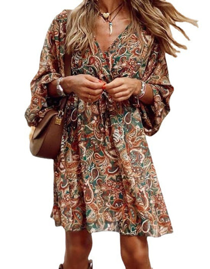 New Printed Long Sleeve A-Line Boho Dress