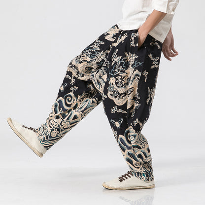 Men Fashion Hip Hop Cross Pants Male Harem Pants Dragon Print Pattern Elastic Waist Punk Loose Length Trousers Casual Cool