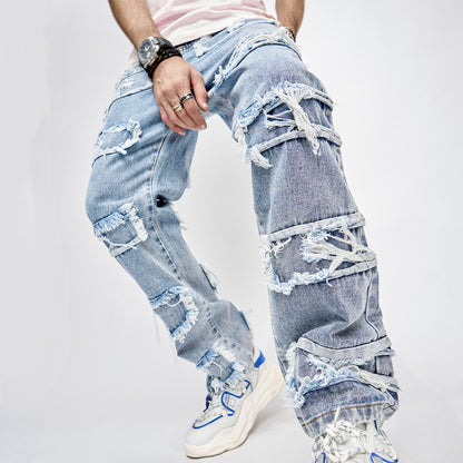 Herrbyxor, långa byxor, lappade, raka, herrjeans med hiphop-mönster
