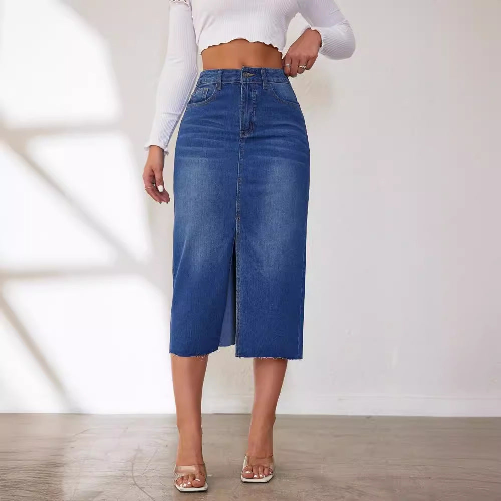 Womens High-Waisted Denim Skirt With A Front Slit And Long Length
