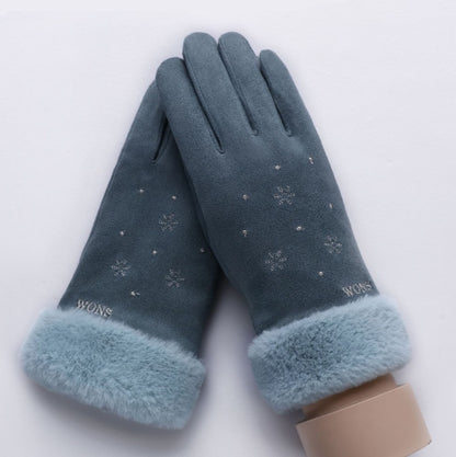 New Winter Female Lace Warm Cashmere Three Ribs Cute Bear Mittens Double thick Plush Wrist Women Touch Screen Driving Gloves 81C