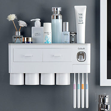 Non-marking Hanging Magnetic Toothbrush Holder Single Drawer Storage Rack With Toothpaste Squeezer Toiletry Set