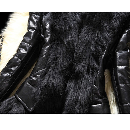 Veste en cuir à grand col fourrure en fausse fourrure