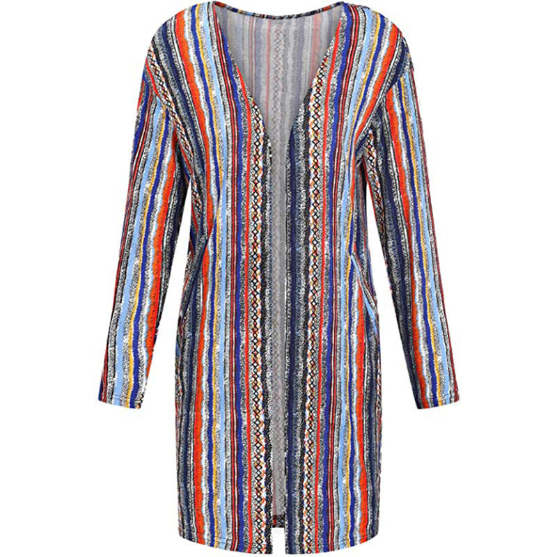 European And American Women's Jackets Striped Print Women's Cardigan Top