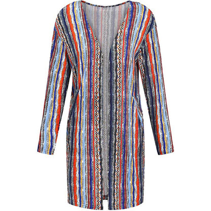 European And American Women's Jackets Striped Print Women's Cardigan Top