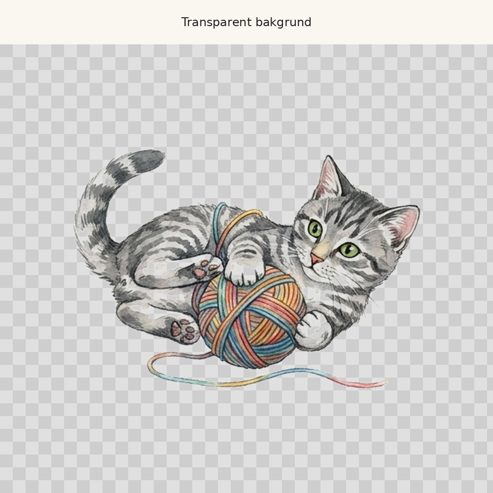 Katt med garnnystan – transparent PNG-motiv (clipart)