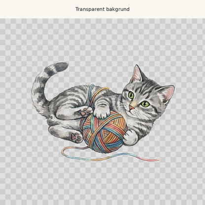 Katt med garnnystan – transparent PNG-motiv (clipart)