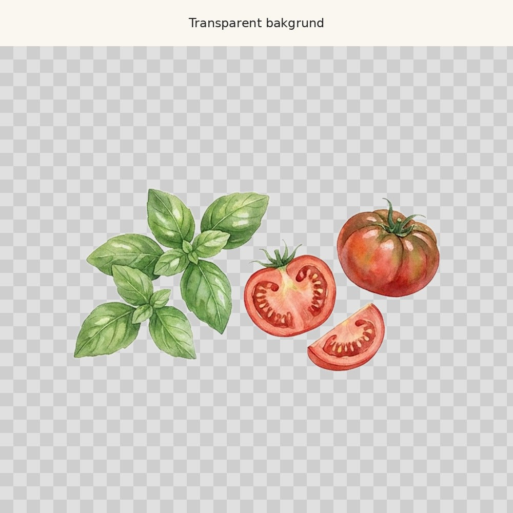 Basilika och tomat – transparent PNG-motiv (clipart)