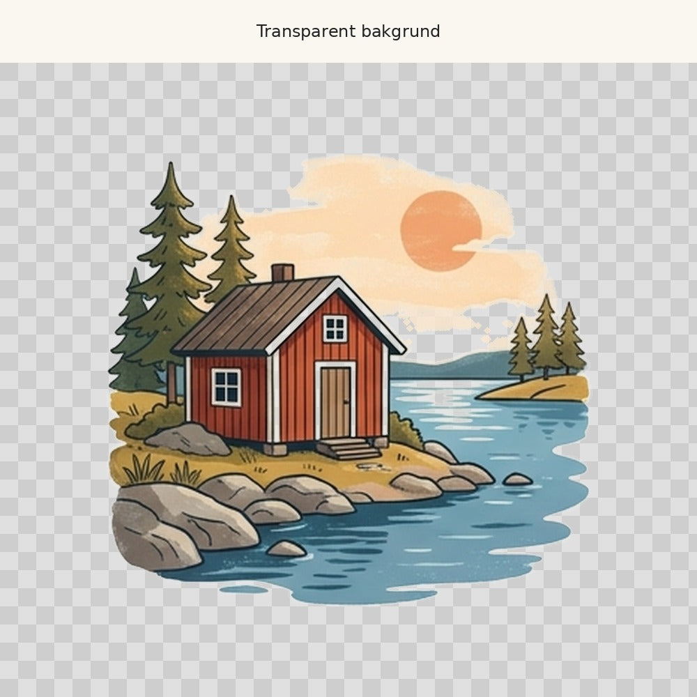 Röd stuga vid sjö – transparent PNG-motiv (clipart)