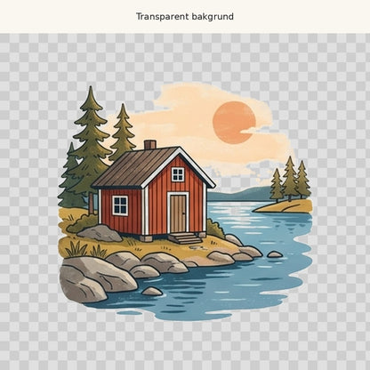 Röd stuga vid sjö – transparent PNG-motiv (clipart)