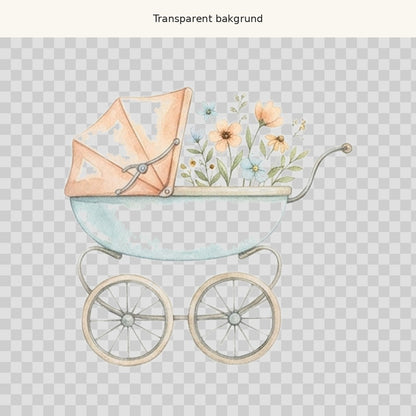 Barnvagn med blommor – transparent PNG-motiv (clipart)