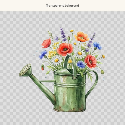 Vattenkanna med blommor – transparent PNG-motiv (clipart)