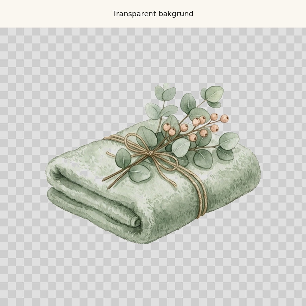 Handduk och eucalyptus – transparent PNG-motiv (clipart)