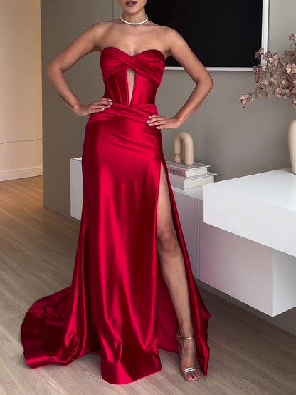 Elegant Red Evening Dress - Tube Top Slit Extra Long