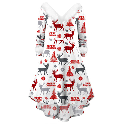Women's Christmas Long Sleeve V-neck Irregular Dress