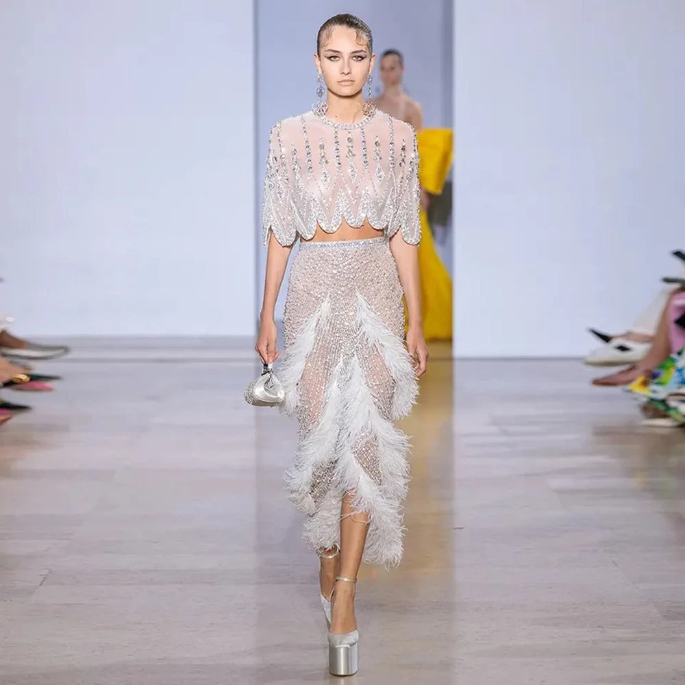 Silver Nude Slim-fit Feather Shawl Evening Dress