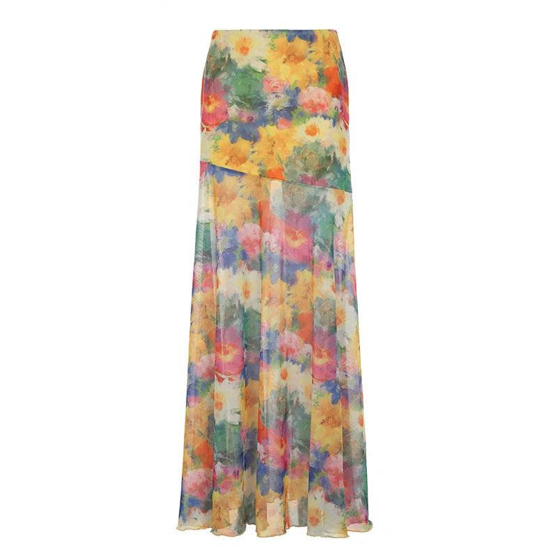 Professional Island Oil Painting Blooming Printed Mesh Skirt - Polyester A-Line (Color/Yellow, S-L, Vacation Socialite)