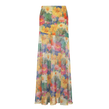 Professional Island Oil Painting Blooming Printed Mesh Skirt - Polyester A-Line (Color/Yellow, S-L, Vacation Socialite)