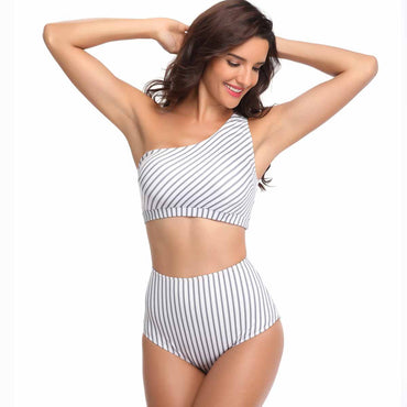 One-shoulder Striped Split High Waist Swimsuit For Women