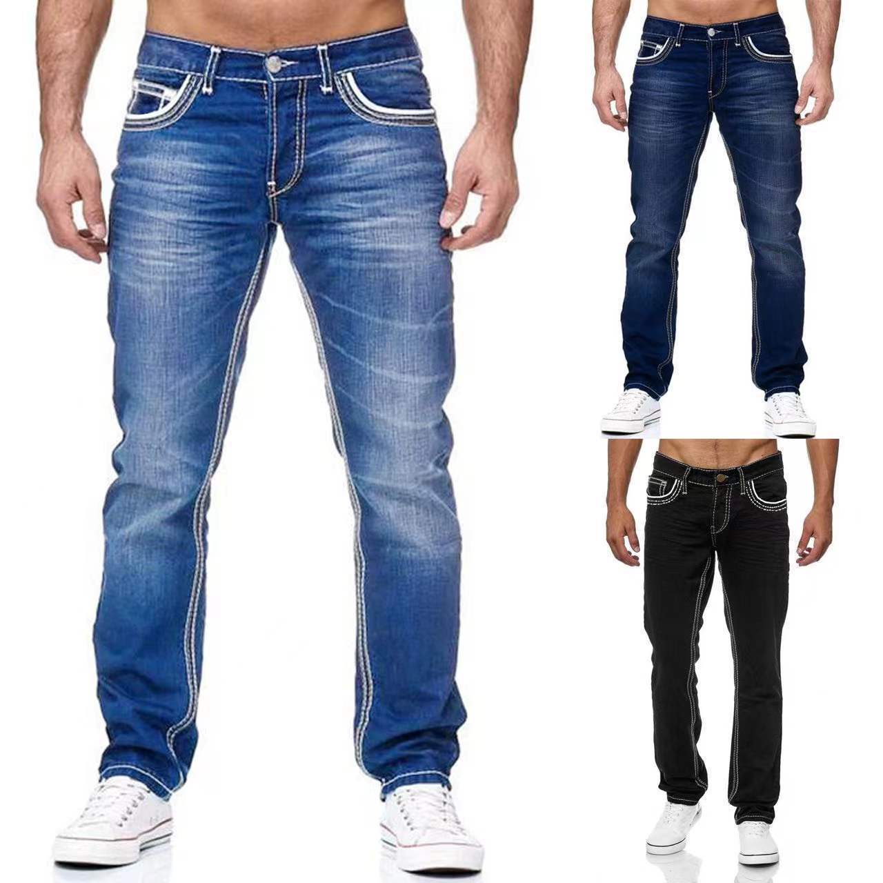 Men Jeans With Pockets Straight Pants Business Casual Daily Streetwear Trousers Men's Clothing