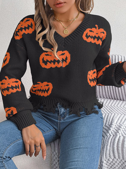 Halloween Contrast Color Pumpkin Cut Long Sleeve Sweater