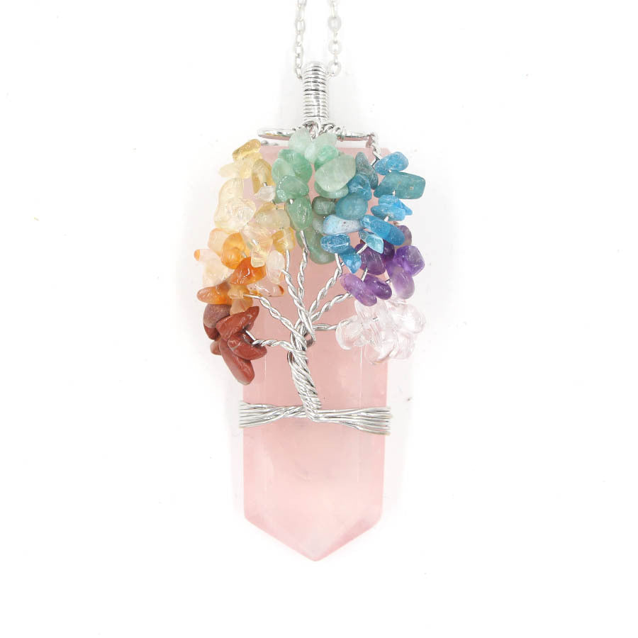 Collier pendentif à remontage arbre de vie colonne de cristal