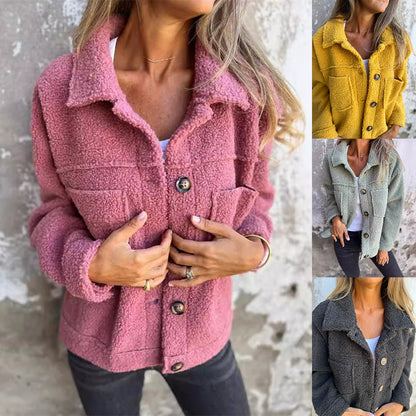 Women's Lamb Wool Coat Winter Lapel Single Breasted Jacket Outwear Warm Cropped Tops Clothing