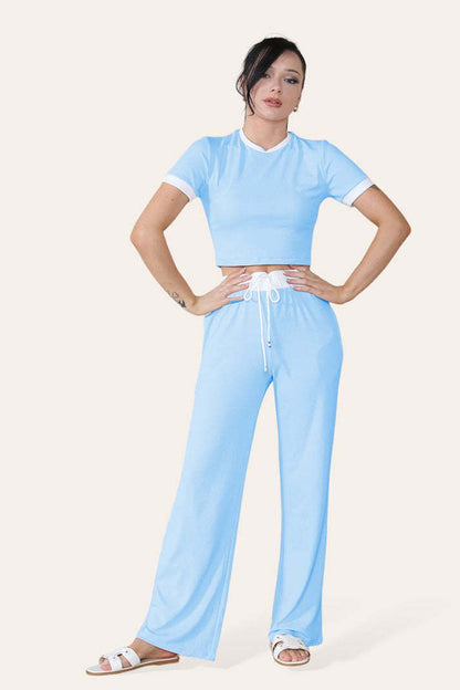 Ribbade kontrastfärgade vida benbyxor och topp i loungewear med TRS-beskuret set
