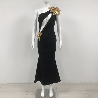Slim-Fit Bandage Golden Flower Maxi Dress - Black Polyester