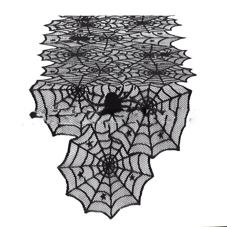 Halloween bordsduk Svart spetsöverdrag Bordslöpare Spiderweb Öppen spis Scarf Bordsdekoration Halloween-dekorationer för hemmet