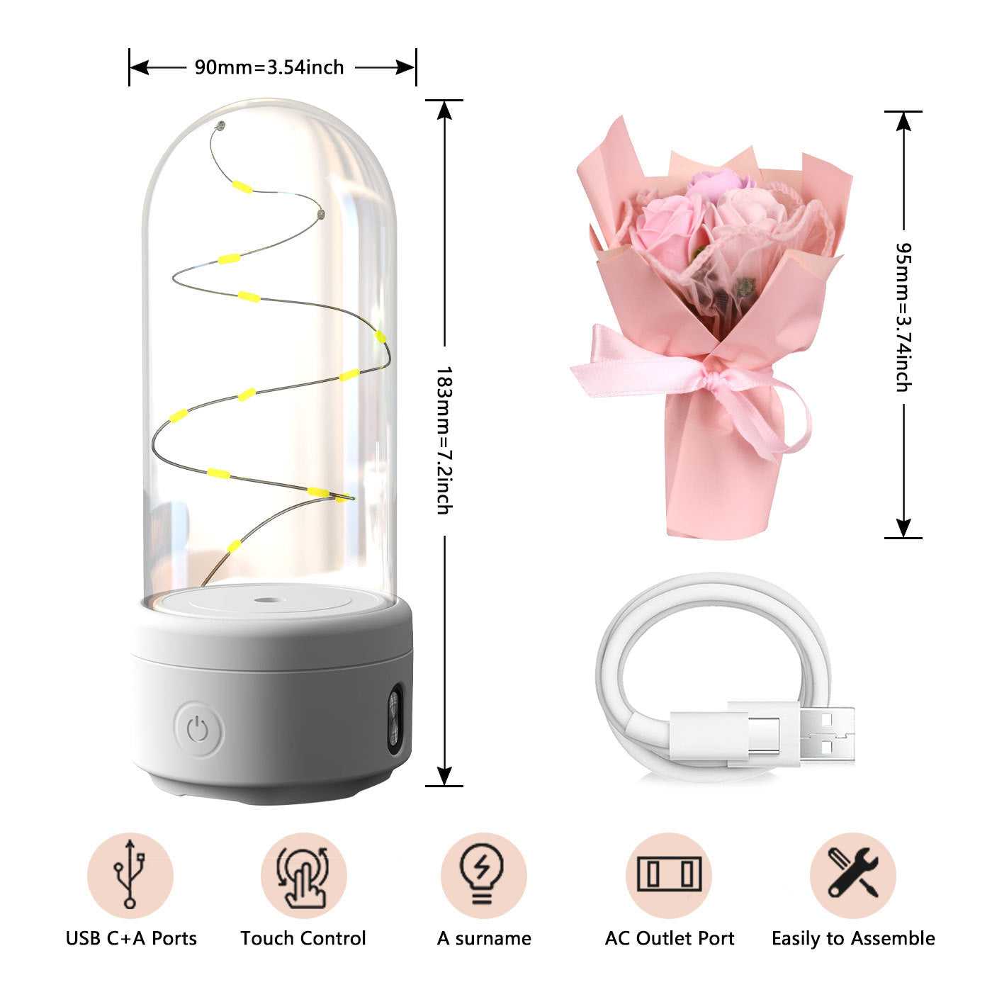 Bouquet créatif 2 en 1 avec lumière LED et haut-parleur Bluetooth, cadeau de fête des mères, veilleuse lumineuse Rose, ornement dans un couvercle en verre