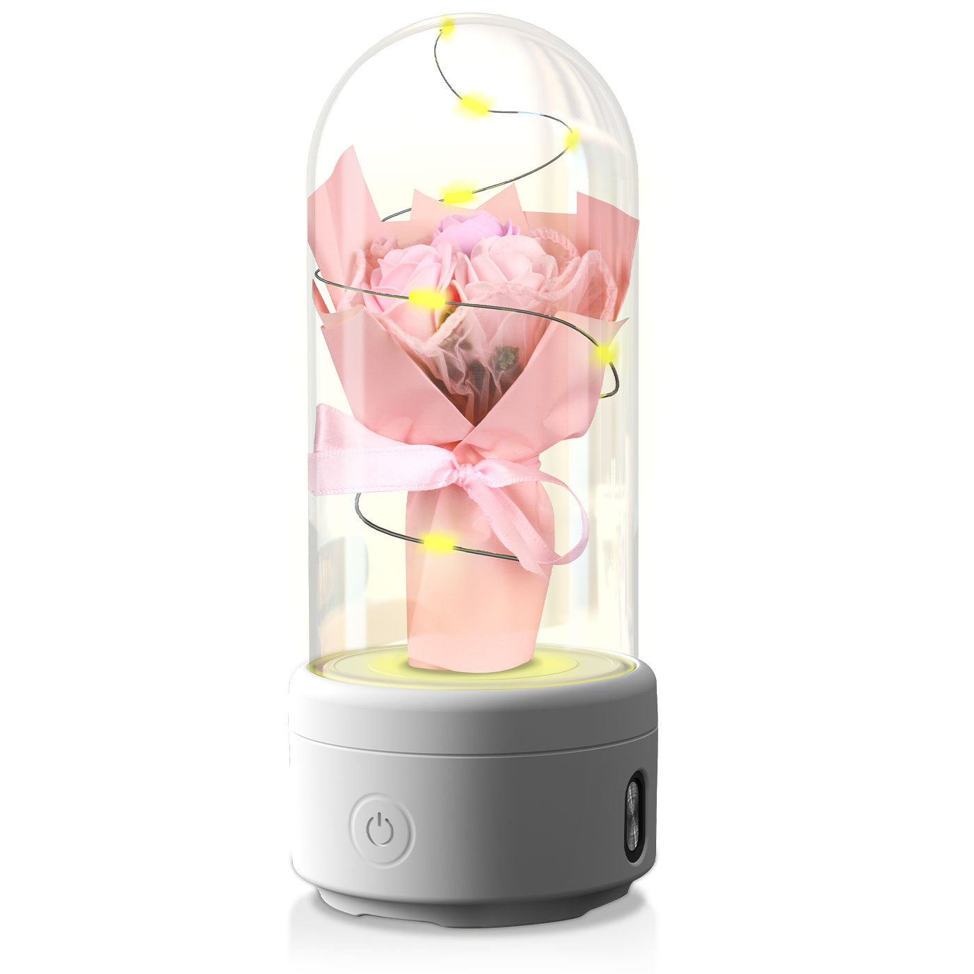 Bouquet créatif 2 en 1 avec lumière LED et haut-parleur Bluetooth, cadeau de fête des mères, veilleuse lumineuse Rose, ornement dans un couvercle en verre