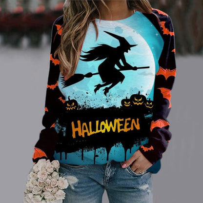 Sweat-shirt imprimé dessin animé d'Halloween, pull à manches longues pour femmes