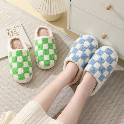 Checkerboard Print Slippers Winter House Shoes Men And Women Couple Home Floor Warm Cotton Slippers