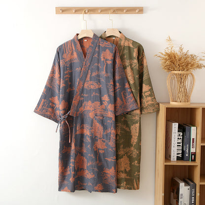Men's Cotton Gauze Kimono Long Dress Bathrobe