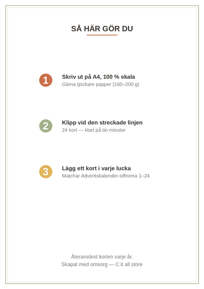 Adventskalender aktivitetskort — 24 julmys-kort att skriva ut (PDF)