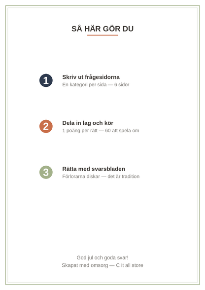 Julquiz 2026 — 60 frågor & svar för julafton (printbar PDF)