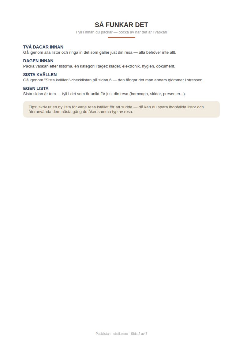 Packlistan — checklista för kläder, elektronik, hygien & dokument, plus egen lista (printbar PDF)