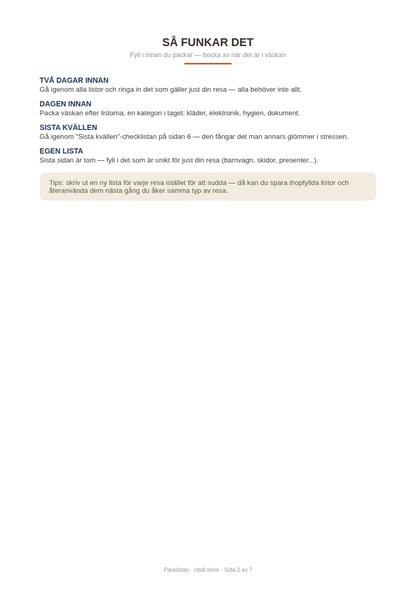 Packlistan — checklista för kläder, elektronik, hygien & dokument, plus egen lista (printbar PDF)