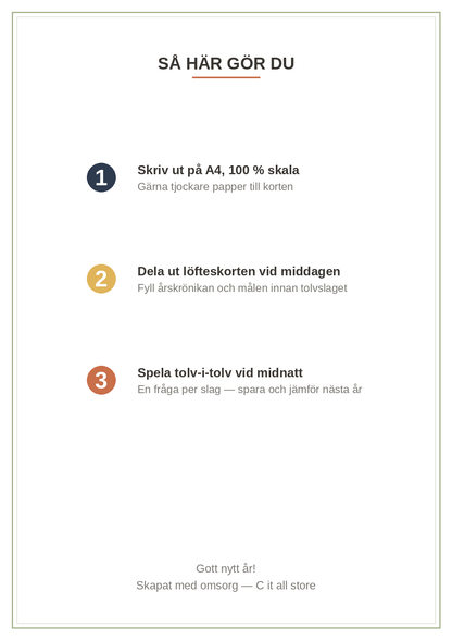 Nyårskit 2027 — löfteskort, årskrönika & tolv-i-tolv-spel (printbar PDF)