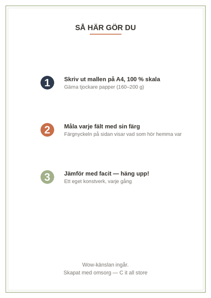 Måla efter nummer — Jul vol. 1: 3 exklusiva motiv med mall + färgnyckel + facit (printbar PDF)