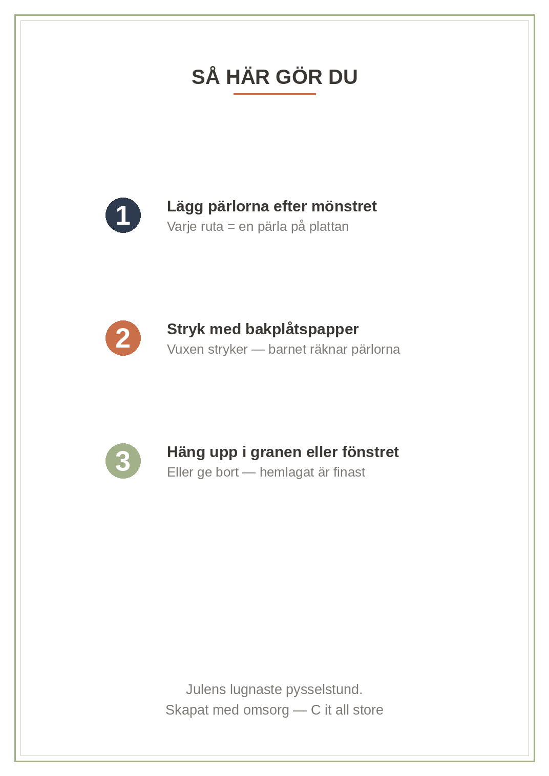 Pärlplattor Jul vol. 1 — 8 julmönster 20×20 med färgkarta & antal pärlor (printbar PDF)