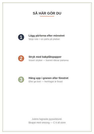 Pärlplattor Jul vol. 1 — 8 julmönster 20×20 med färgkarta & antal pärlor (printbar PDF)